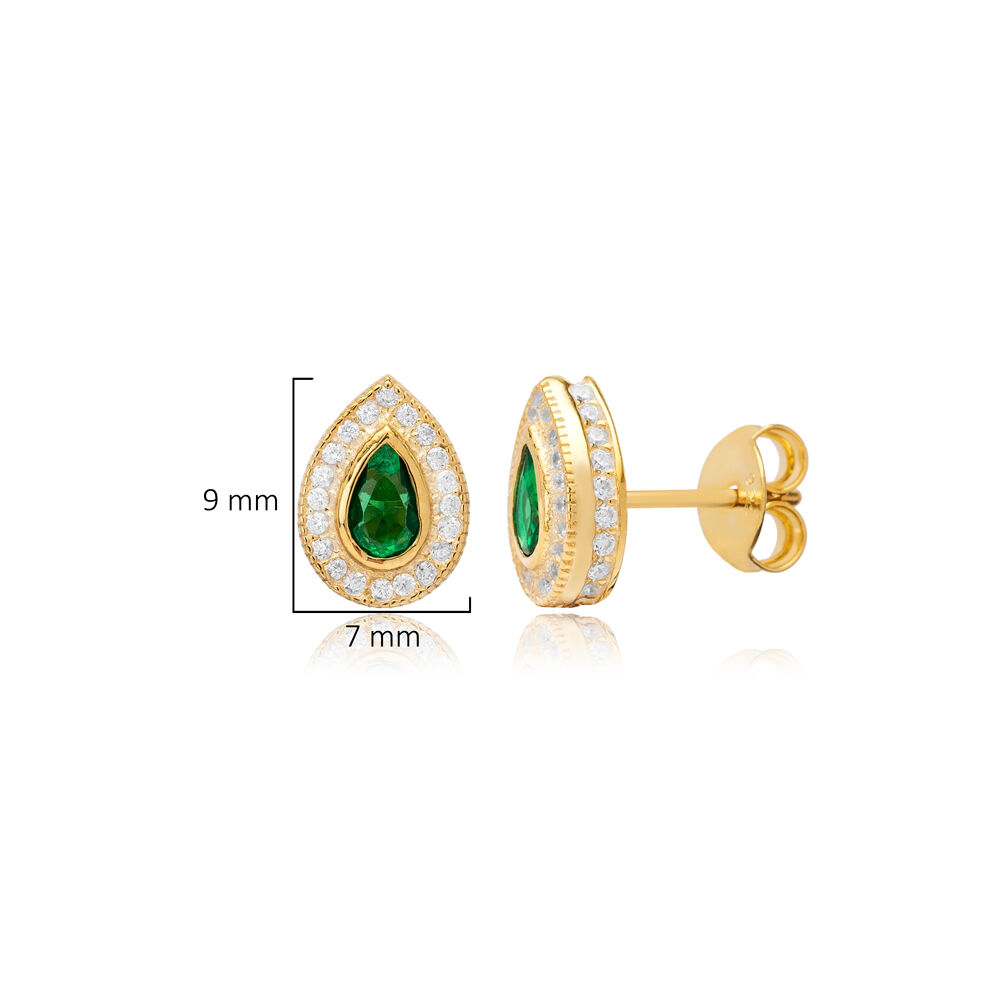 Emerald CZ Stone Pear Design Handmade Silver Stud Earrings