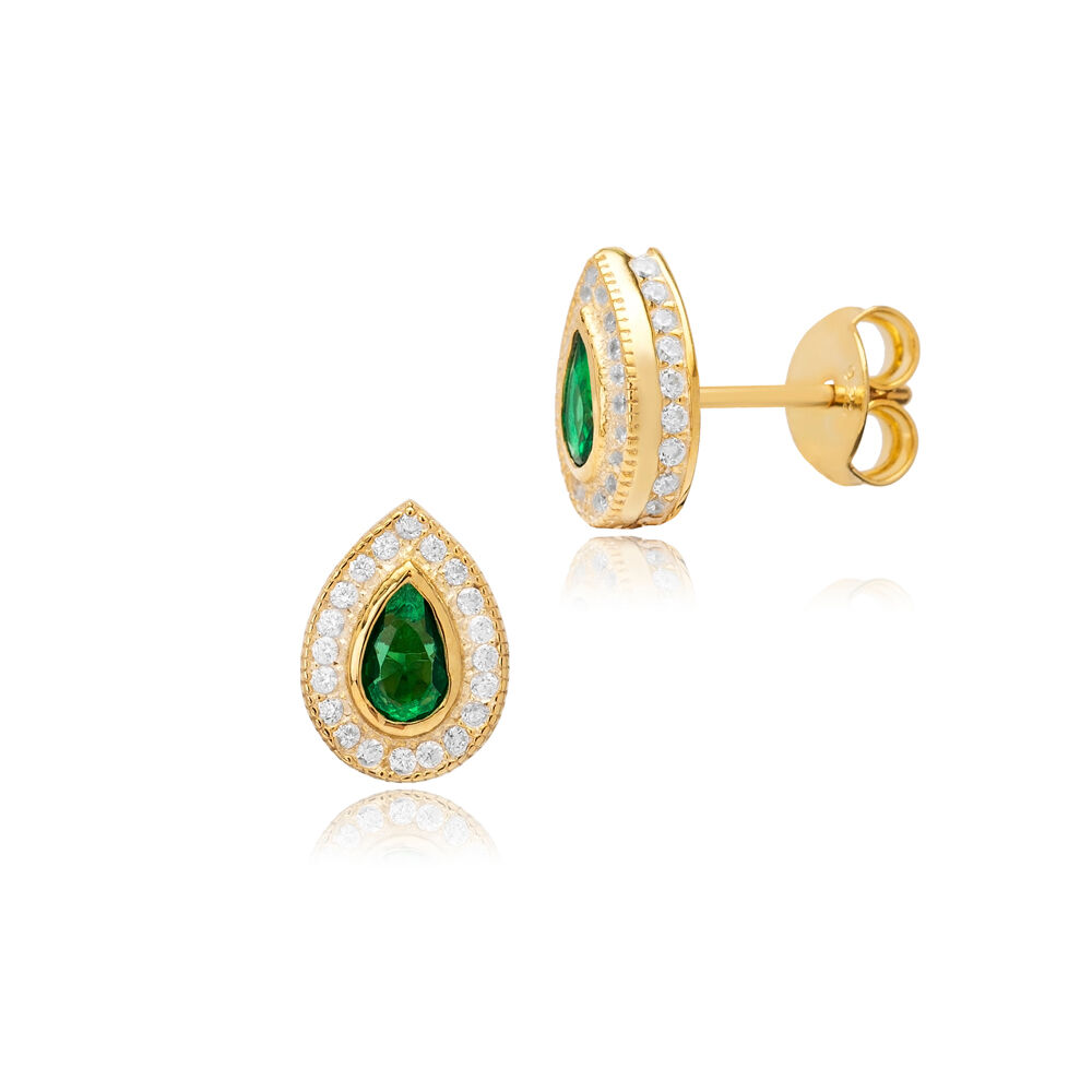 Emerald CZ Stone Pear Design Handmade Silver Stud Earrings