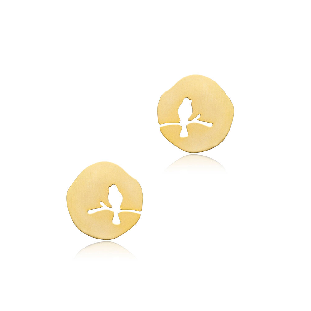 Round Shape Bird Design Plain Stud Earrings Silver Jewelry