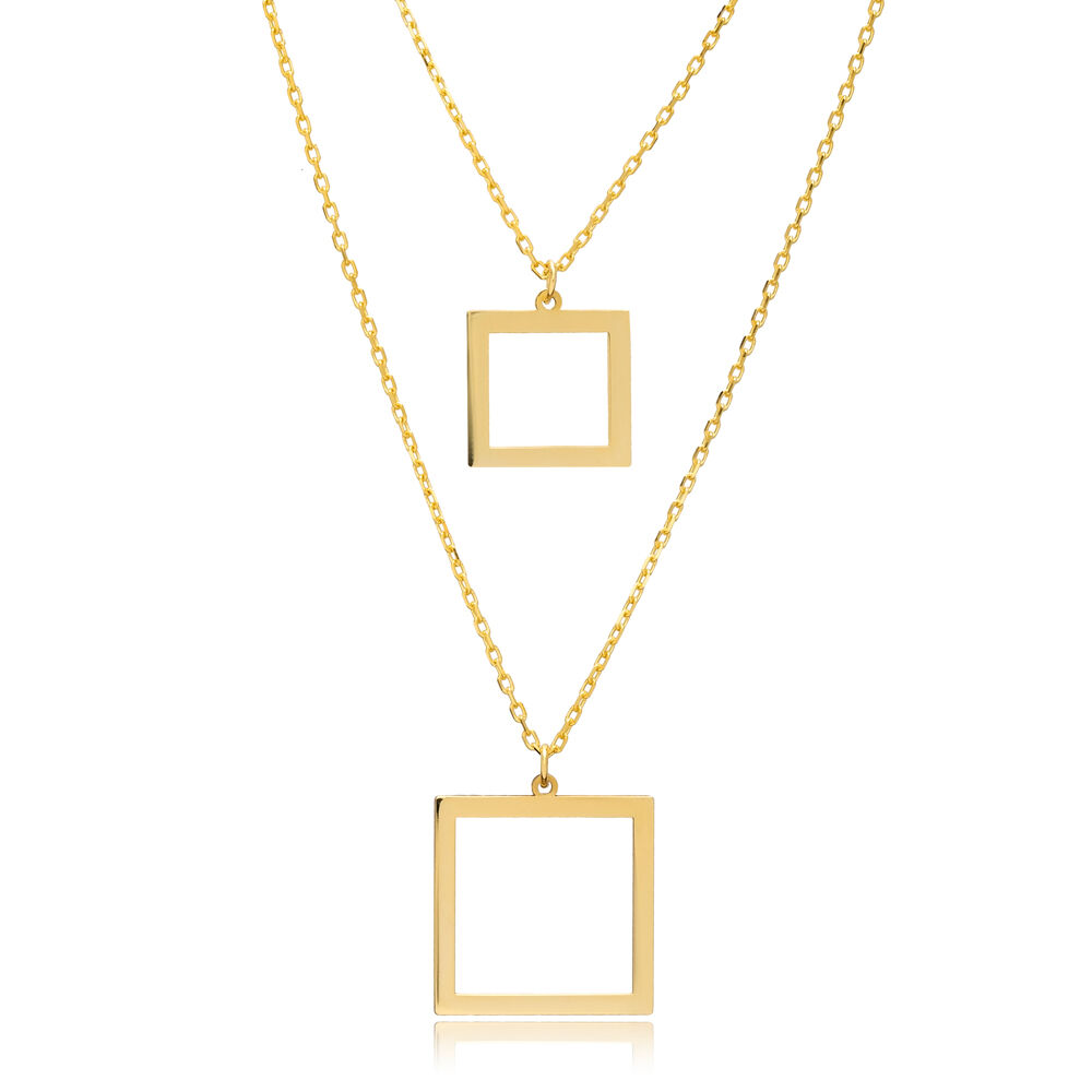 Square Hollow Layered Charm Necklace Silver Plain Jewelry