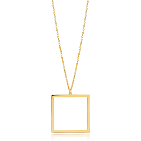 Hollow Square Design Charm Necklace Silver Plain Pendant