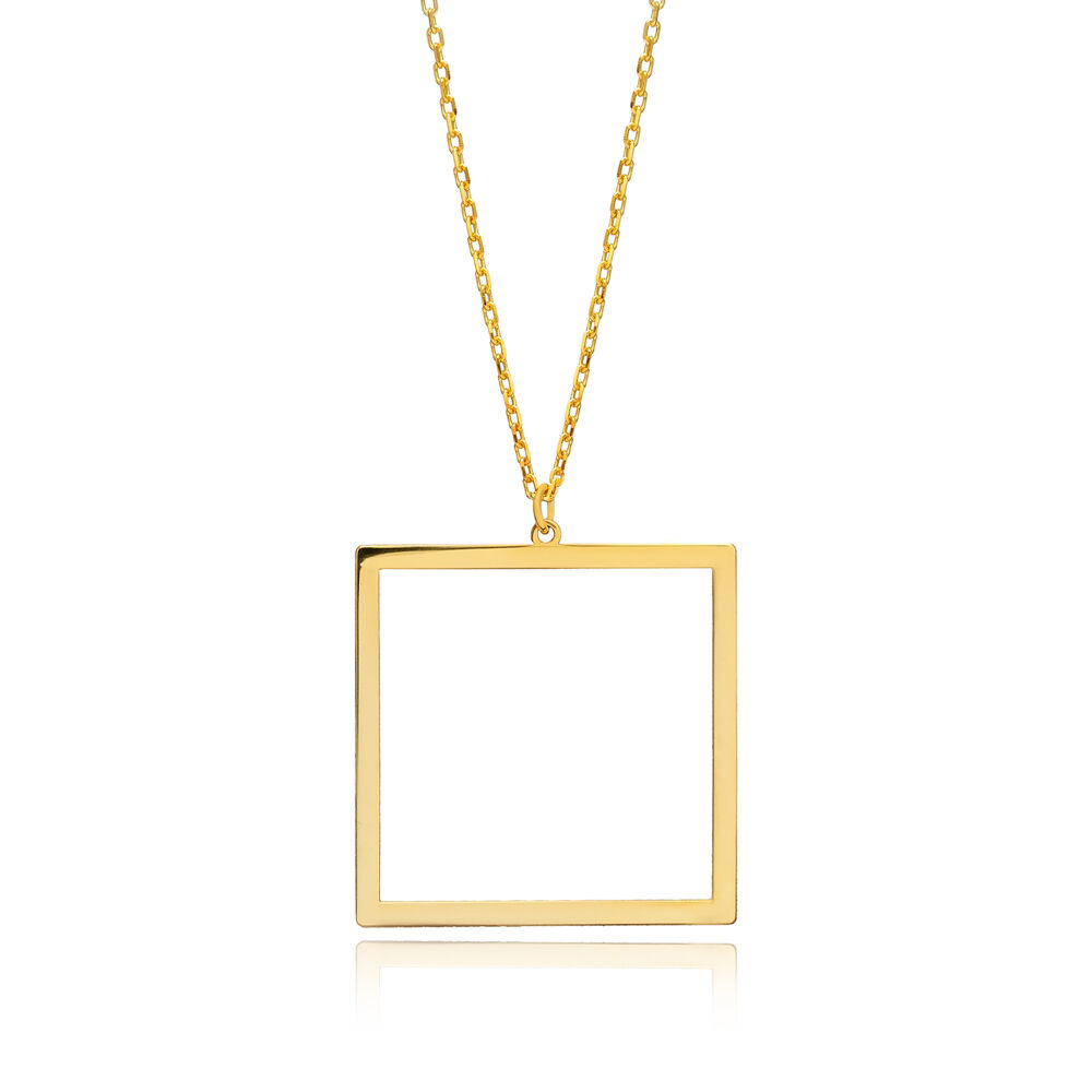 Hollow Square Design Charm Necklace Silver Plain Pendant