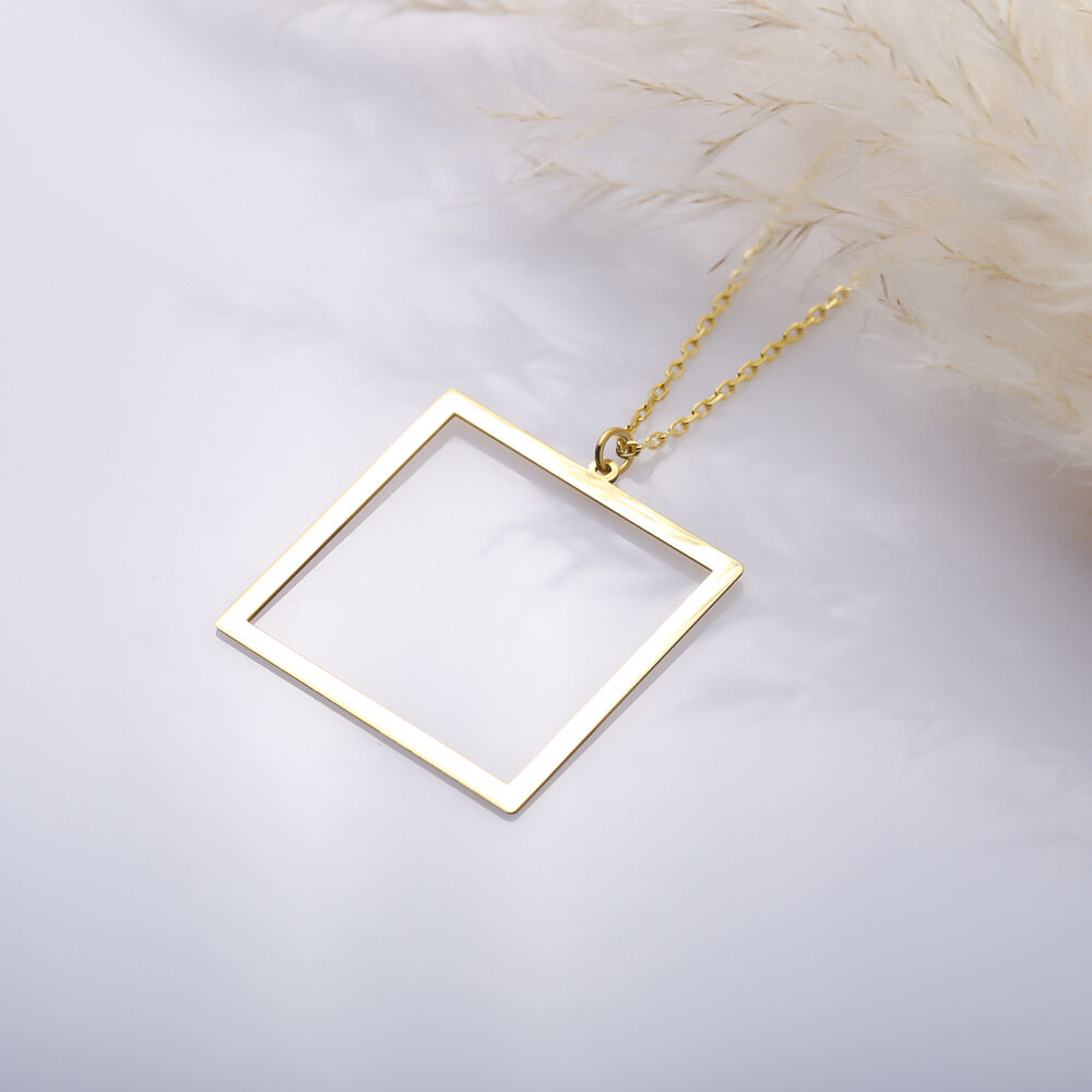 Hollow Square Design Charm Necklace Silver Plain Pendant