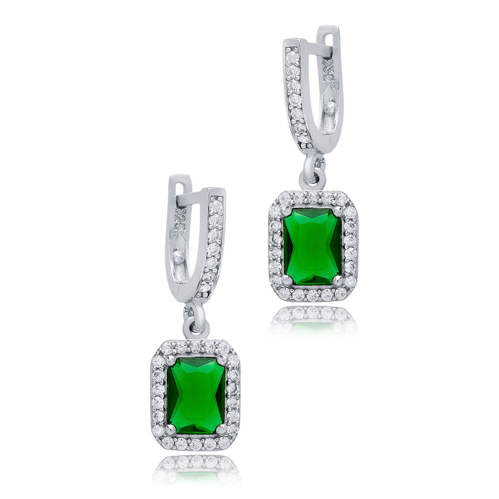 Rectangle Design Emerald CZ Stones Silver Dangle Earrings