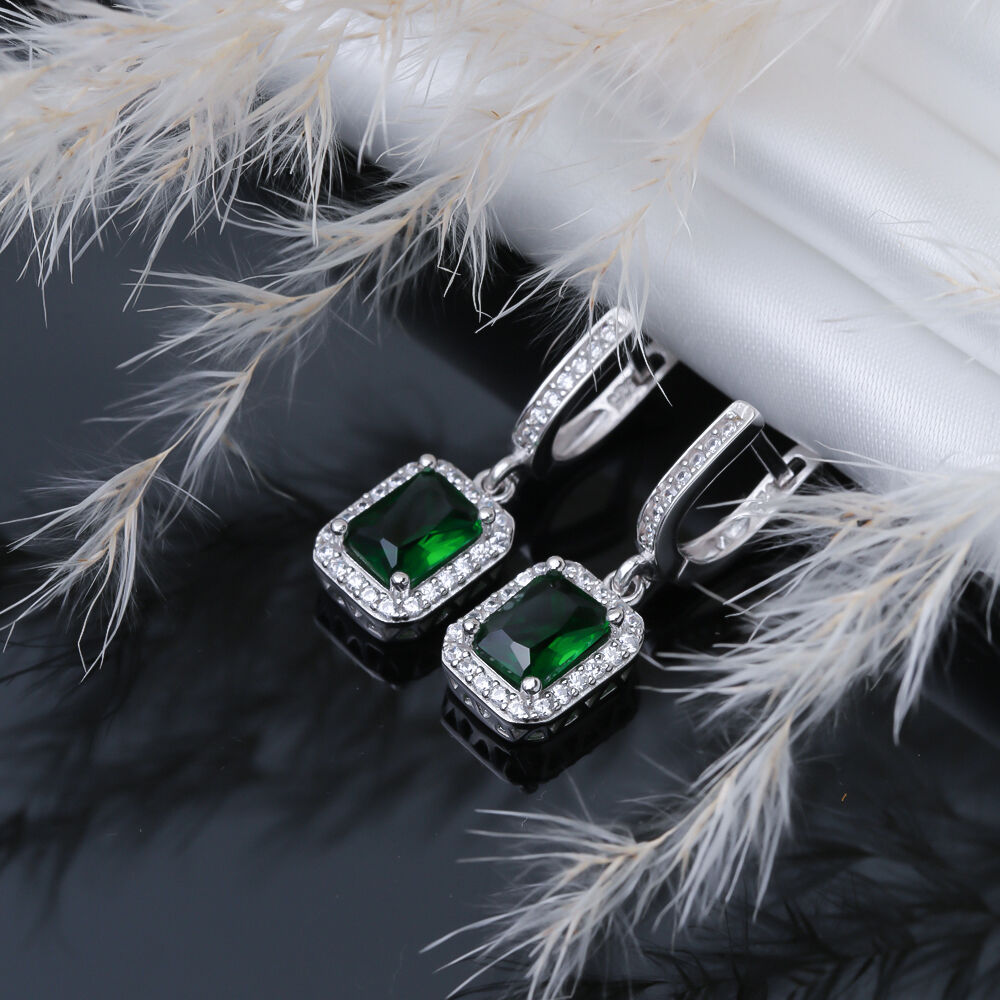 Rectangle Design Emerald CZ Stones Silver Dangle Earrings