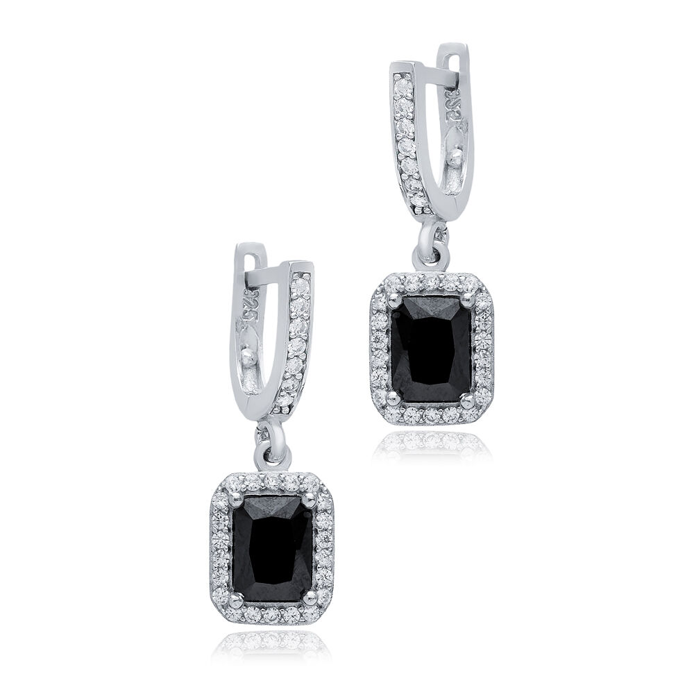 Rectangle Design Black CZ Stones Silver Dangle Earrings
