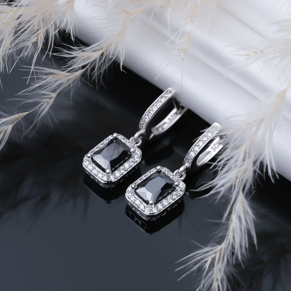 Rectangle Design Black CZ Stones Silver Dangle Earrings