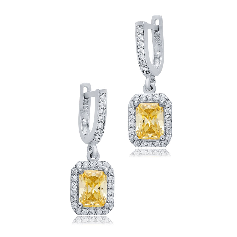 Rectangle Citrine CZ Stones Wholesale Silver Dangle Earrings