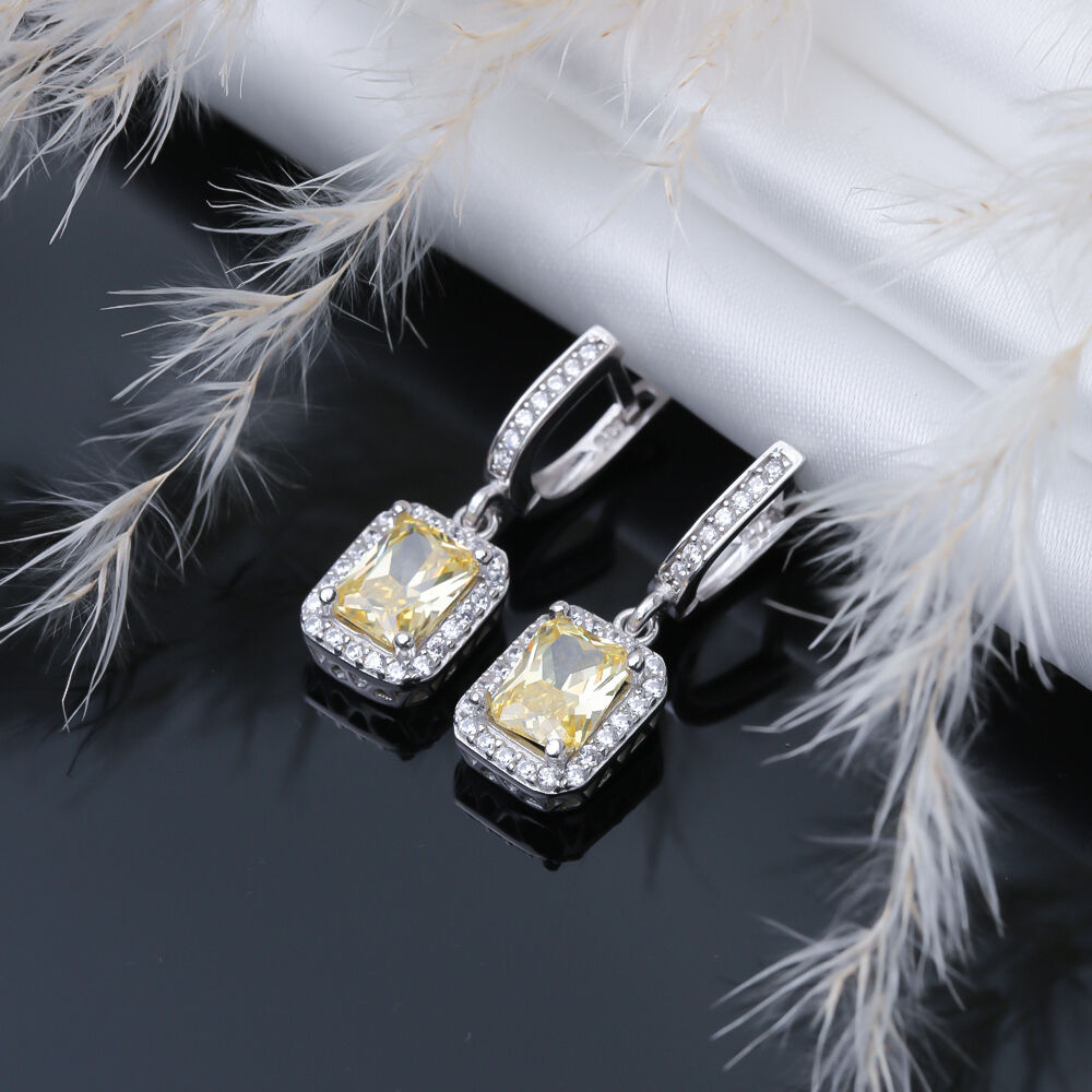 Rectangle Citrine CZ Stones Wholesale Silver Dangle Earrings