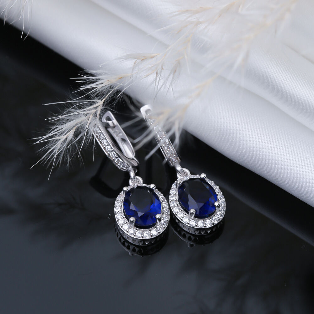 Oval Sapphire CZ Stones Wholesale 925 Silver Dangle Earrings