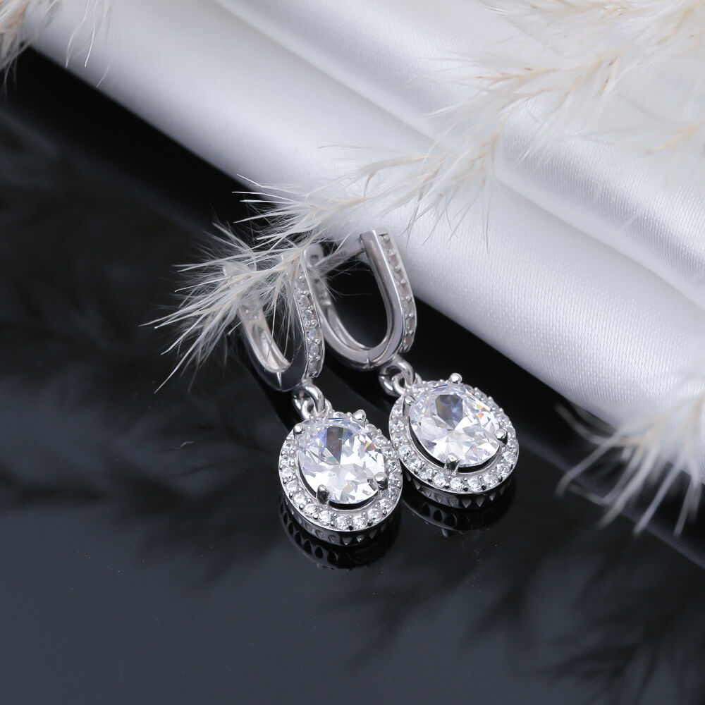 Oval CZ Stones Dangle Earrings Wholesale 925 Silver Jewelry