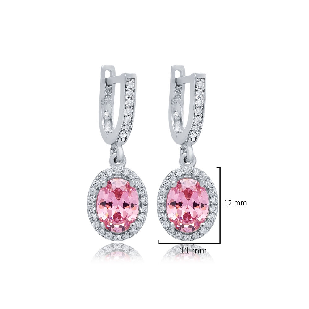 Oval Pink CZ Stones Wholesale 925 Silver Dangle Earrings
