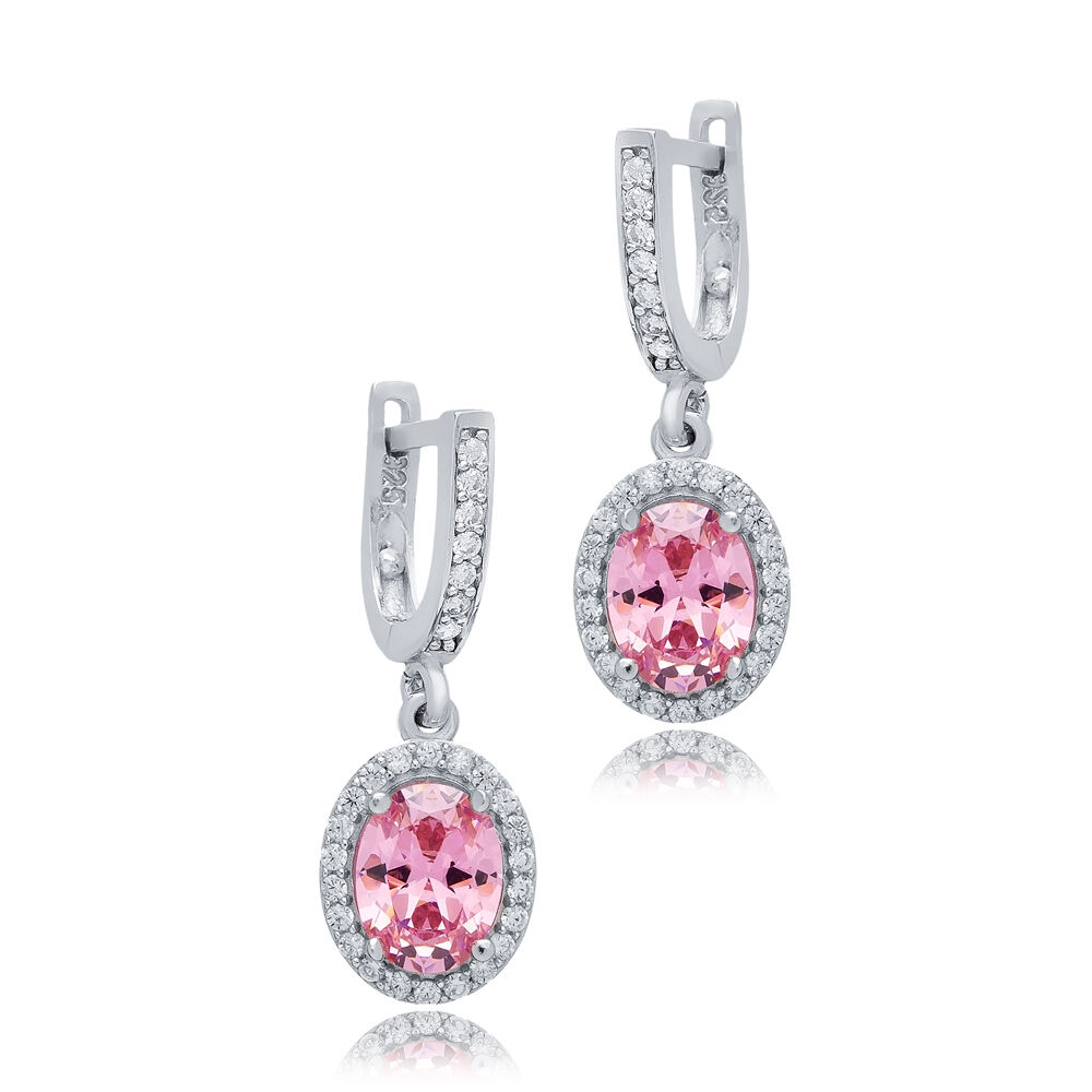 Oval Pink CZ Stones Wholesale 925 Silver Dangle Earrings