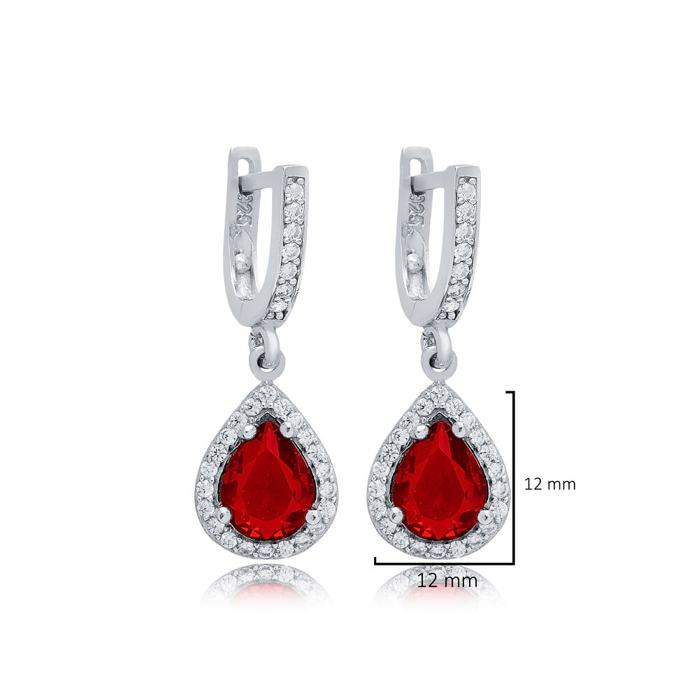 Pear Design Garnet CZ Stones Silver Dangle Earrings