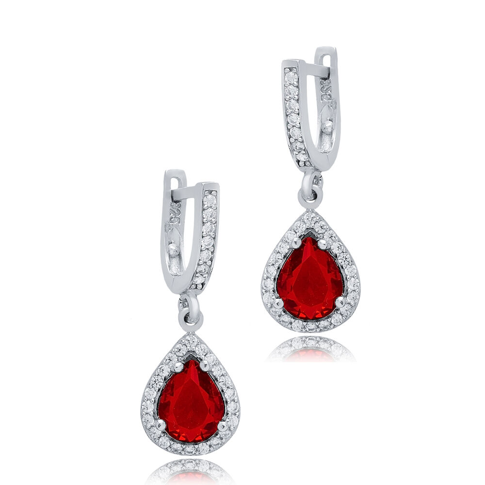 Pear Design Garnet CZ Stones Silver Dangle Earrings