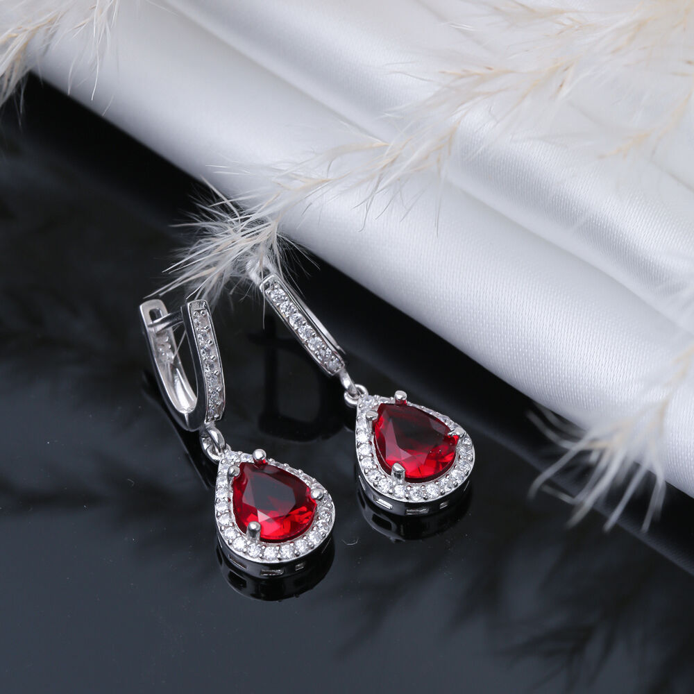 Pear Design Garnet CZ Stones Silver Dangle Earrings