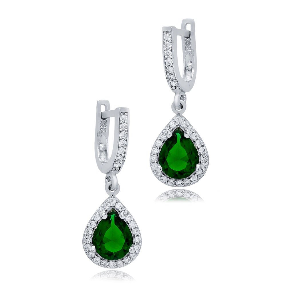 Pear Design Emerald CZ Stones Silver Dangle Earrings