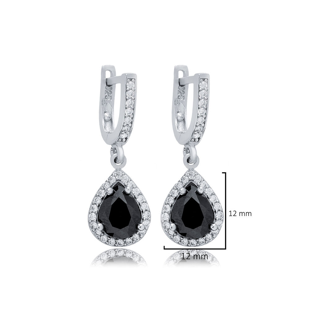 Pear Design Black CZ Stones Silver Dangle Earrings