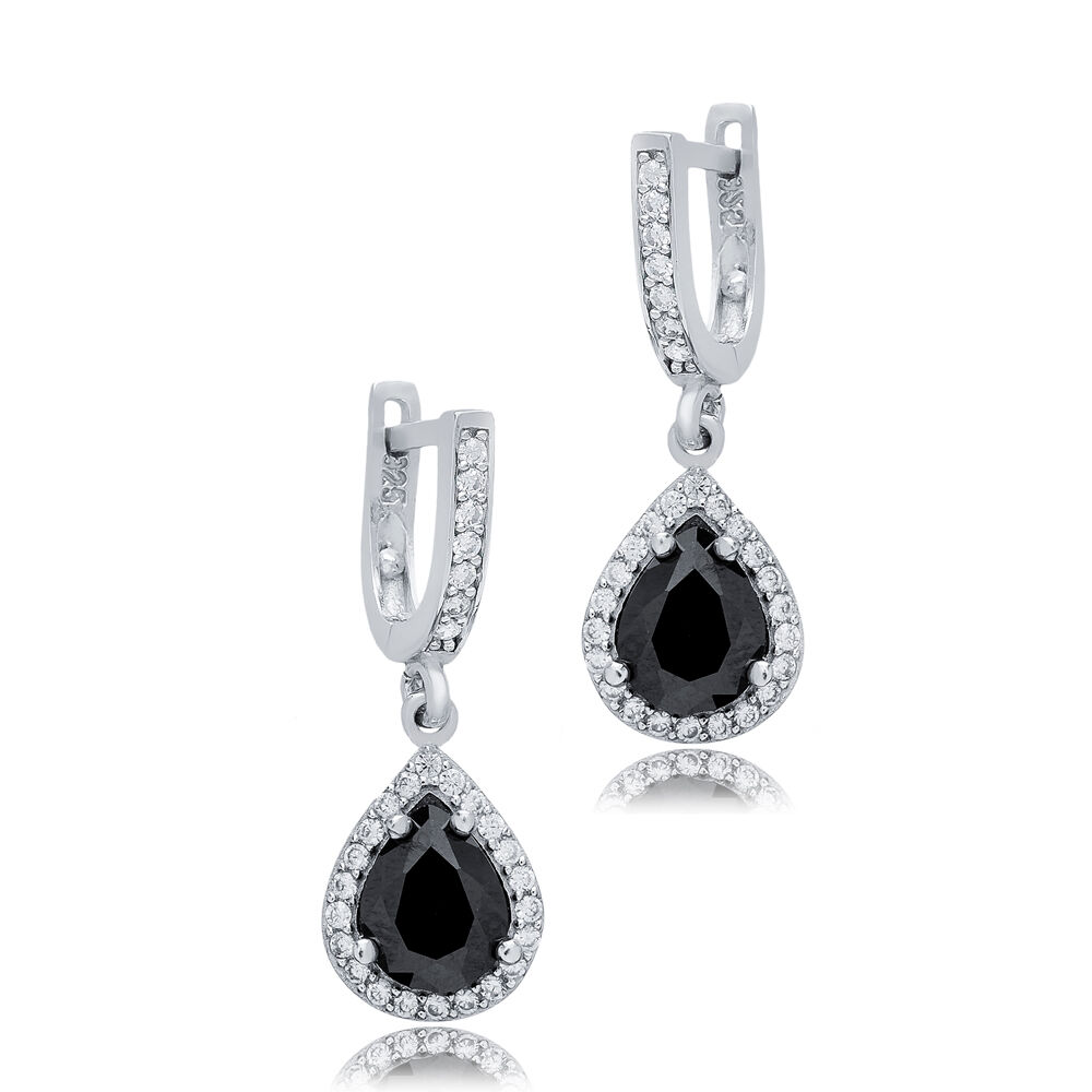 Pear Design Black CZ Stones Silver Dangle Earrings
