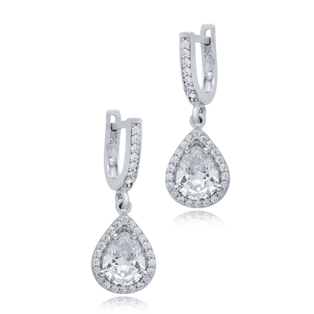 Pear Design CZ Stone Wholesale 925 Silver Dangle Earrings