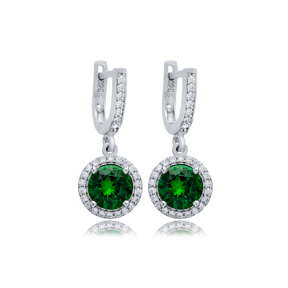 Emerald CZ Stone Round Design Silver Dangle Earrings