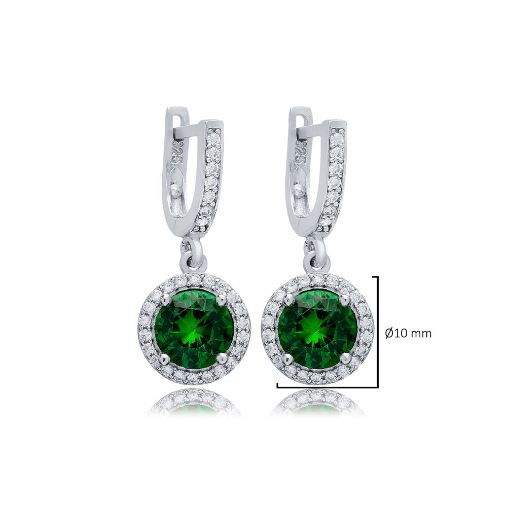 Emerald CZ Stone Round Design Silver Dangle Earrings