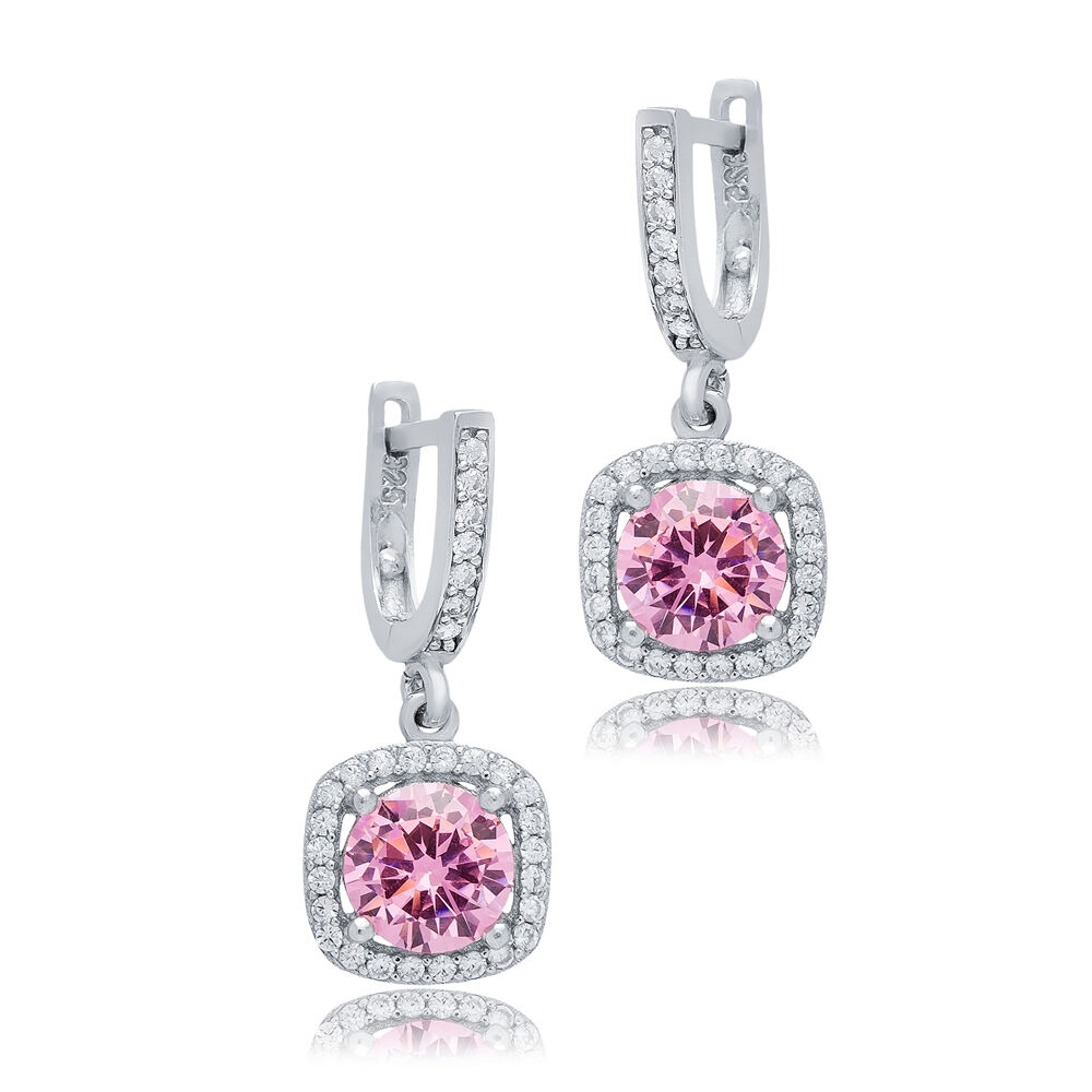 Pink CZ Stone Square Design Silver Dangle Earrings
