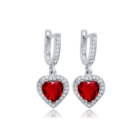 Garnet CZ Stone Heart Shape Silver Dangle Earrings