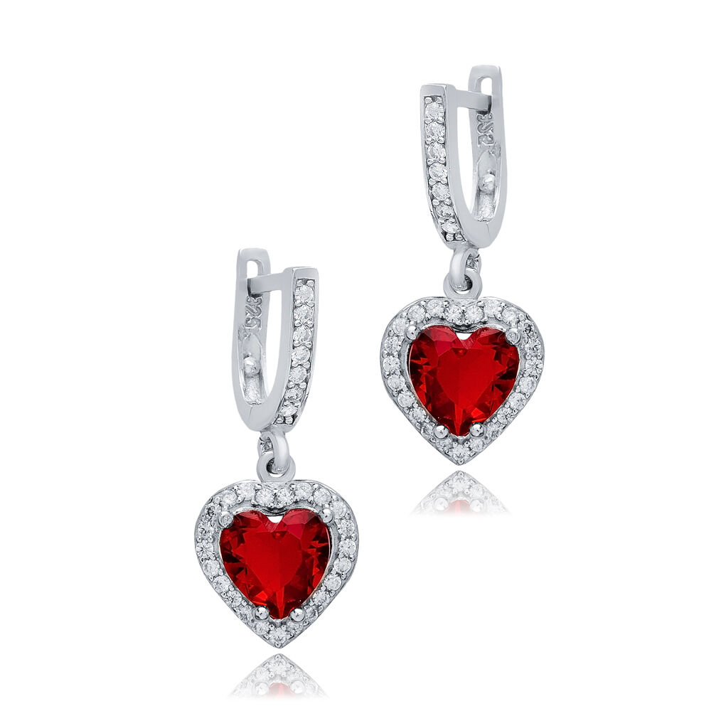 Garnet CZ Stone Heart Shape Silver Dangle Earrings