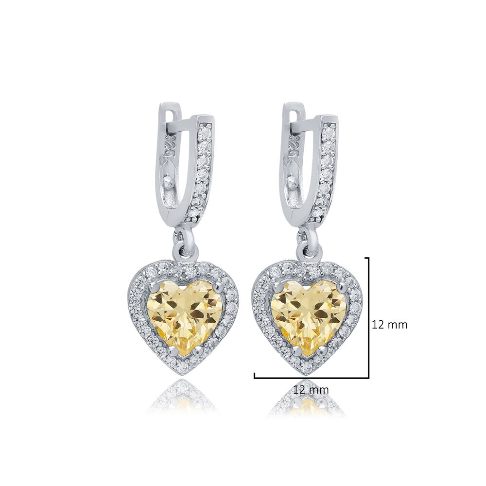 Citrine CZ Stone Heart Shape Silver Dangle Earrings