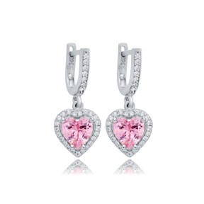 Pink CZ Stone Heart Shape Silver Dangle Earrings