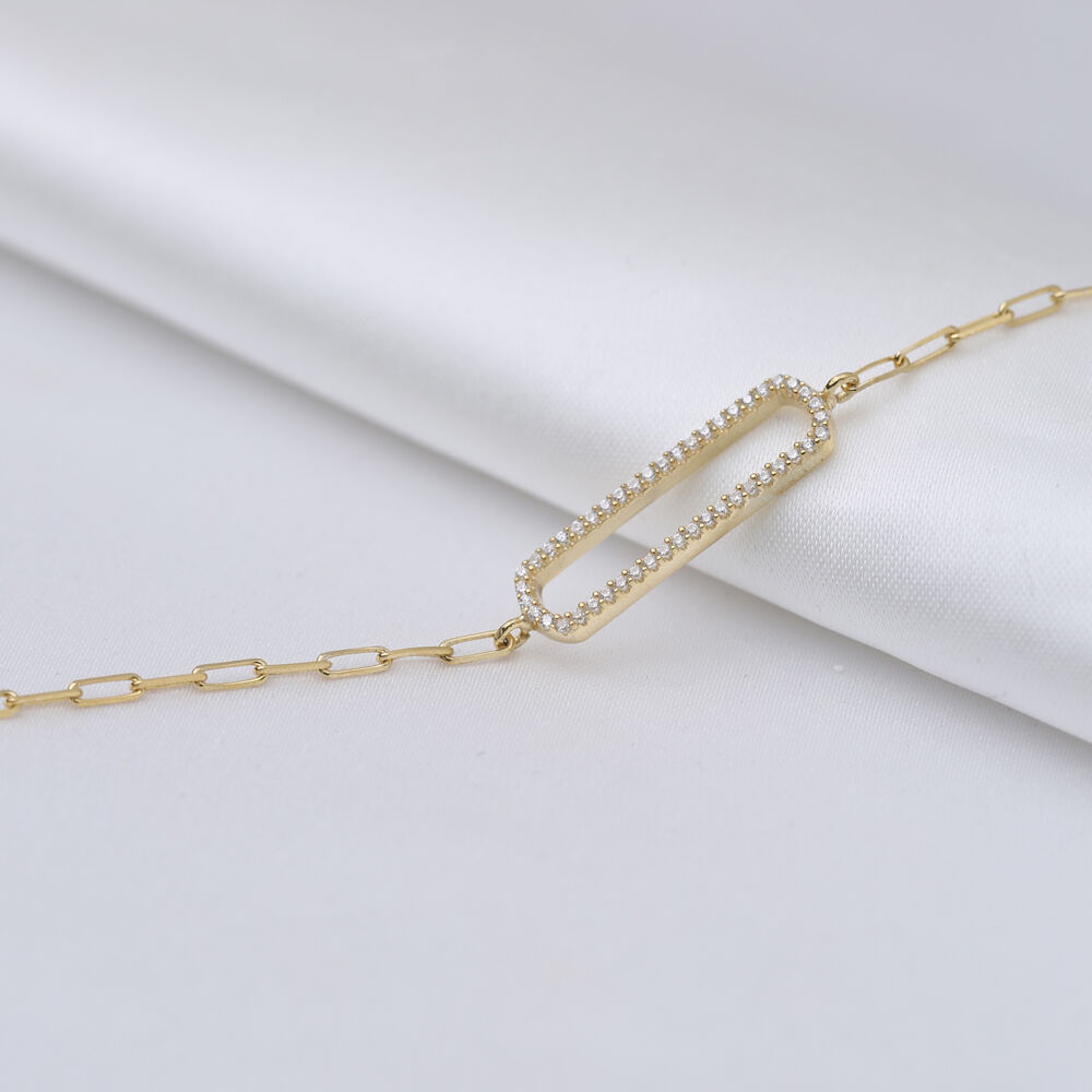 CZ Stone Rectangle Shape Dainty Charm Bracelet Silver Jewelry