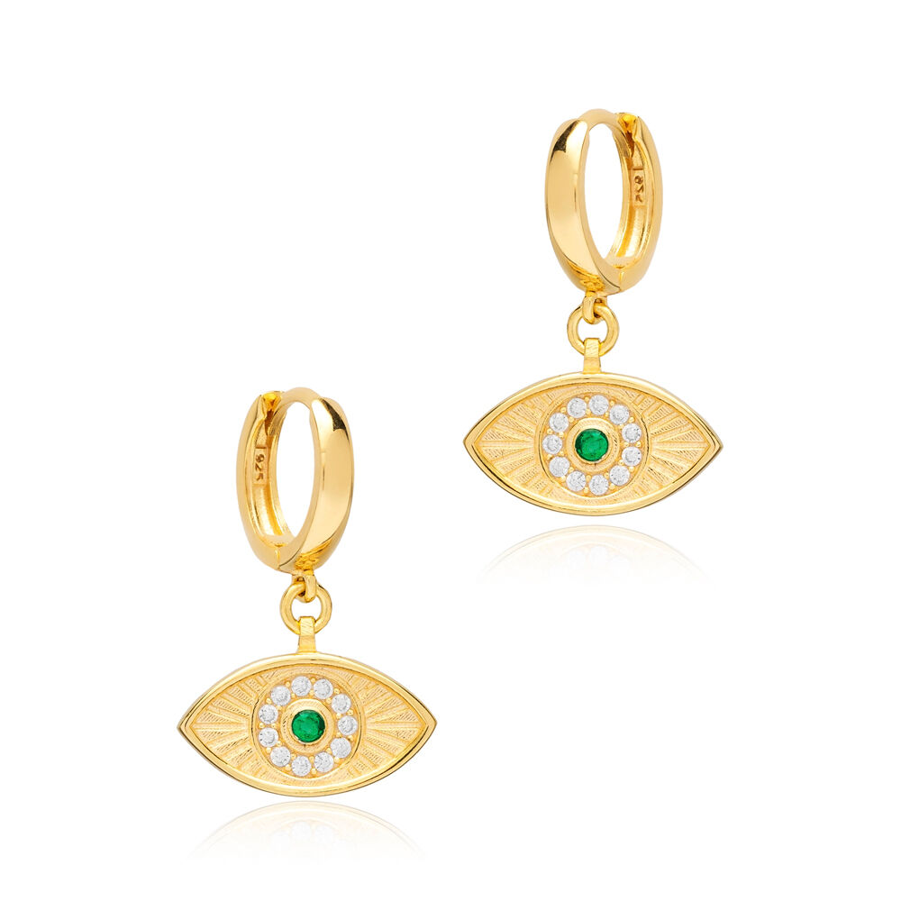Emerald CZ Stone Silver Evil Eye Shape Dangle Earrings