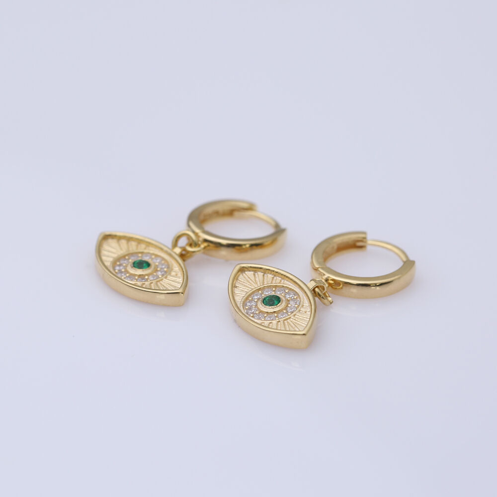 Emerald CZ Stone Silver Evil Eye Shape Dangle Earrings