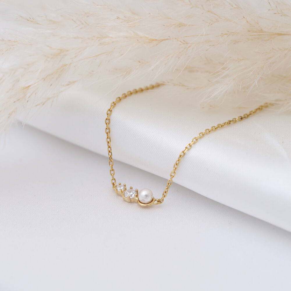 Minimalist Cute Pearl CZ Stone Silver Charm Necklace Pendant