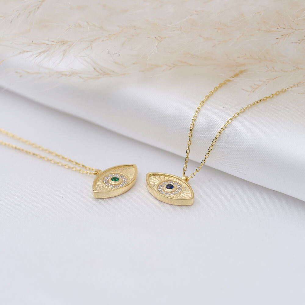 Evil Eye Emerald CZ Stone Silver Charm Necklace Pendant