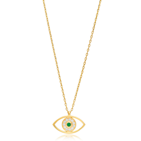 Evil Eye Emerald CZ Silver Charm Necklace Wholesale Jewelry