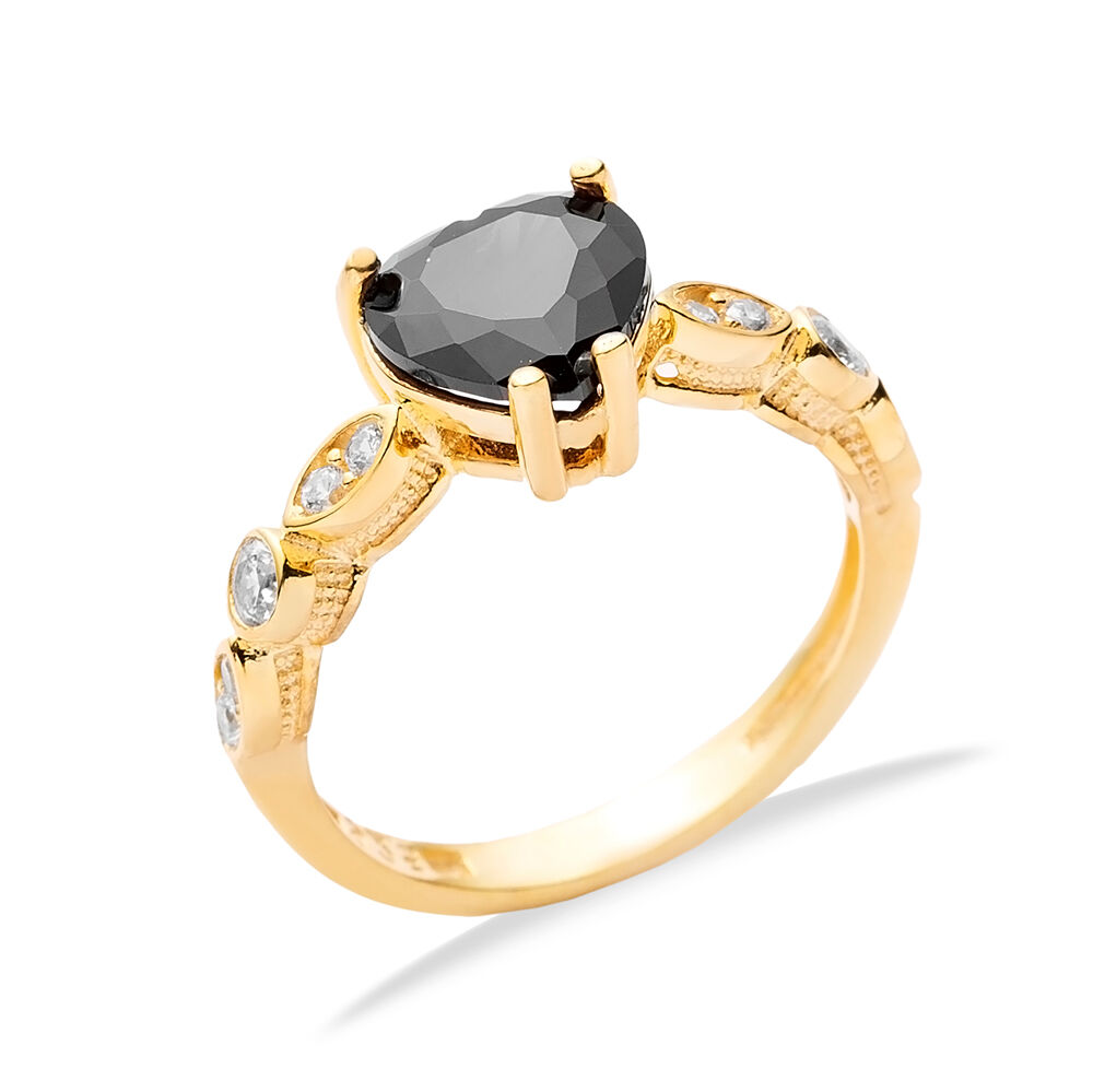 Elegant Black CZ Stone Heart Shape Cluster Silver Ring