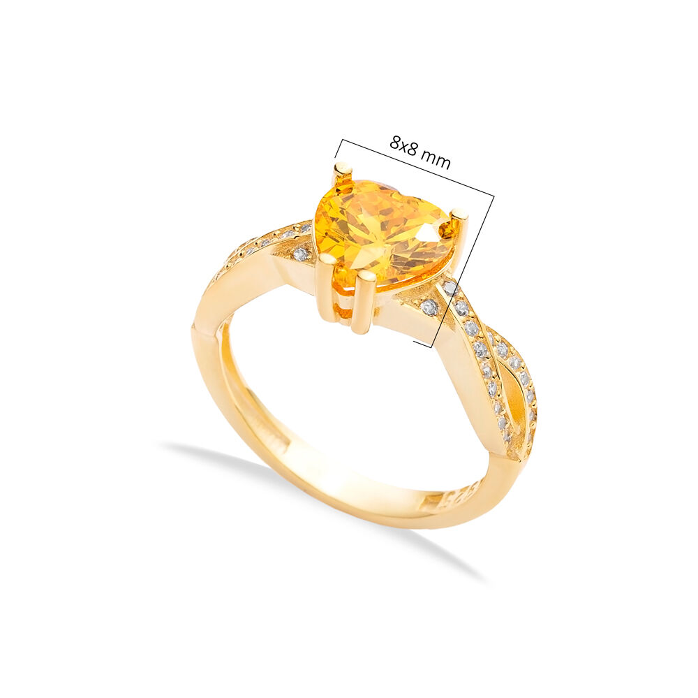 Citrine CZ Stone Heart Design Jewellery Cluster Silver Ring