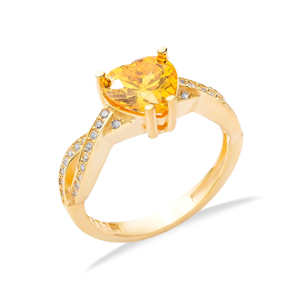 Citrine CZ Stone Heart Design Jewellery Cluster Silver Ring