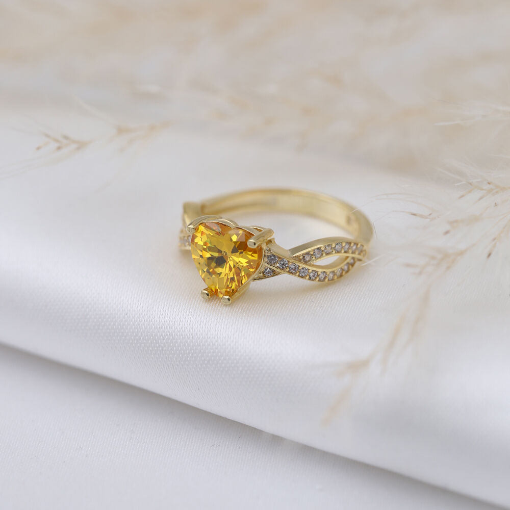 Citrine CZ Stone Heart Design Jewellery Cluster Silver Ring