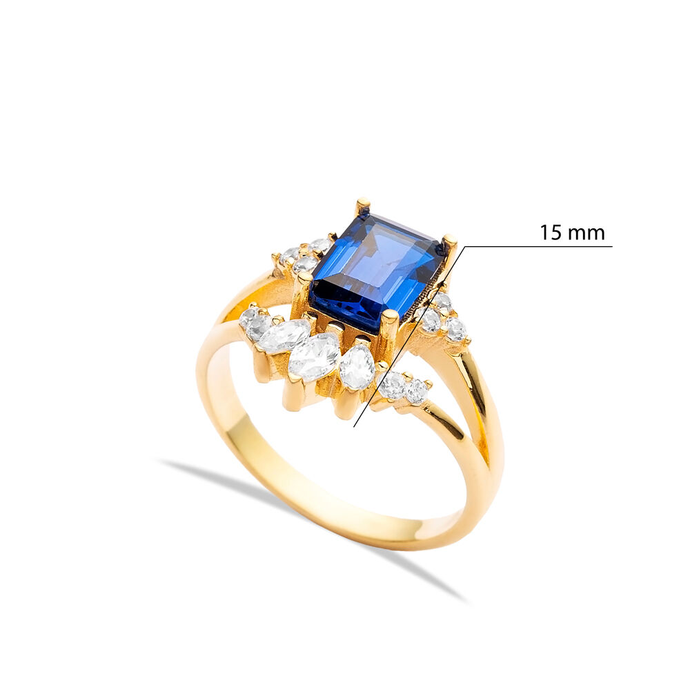 Rectangle Sapphire Zircon Stone Cluster Ring Silver Jewelry