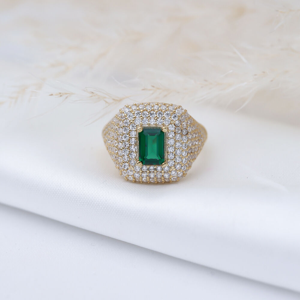 Rectangle Emerald CZ Stone Cluster Ring 925 Silver Jewelry
