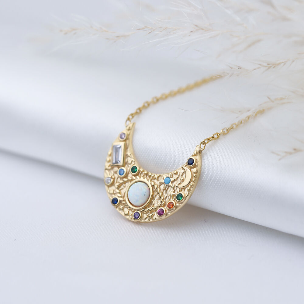 Moon Shape Opal Stone Dainty Sterling Silver Charm Necklace