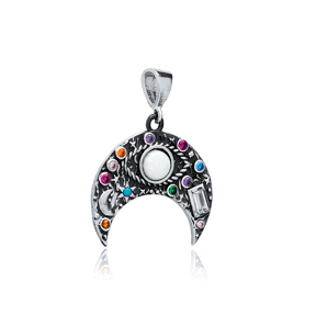 Opal Stone Moon Design Dainty Sterling Silver Charm Pendant