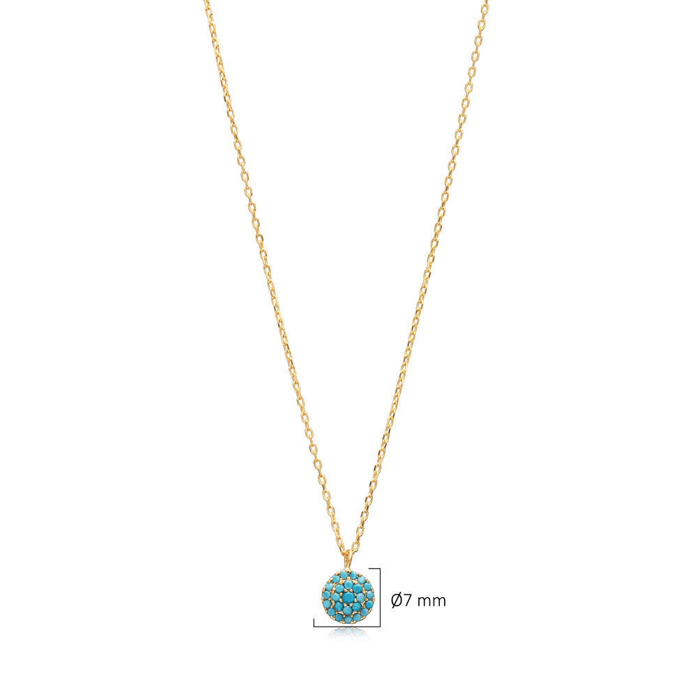 Minimalist Round Style Turquoise CZ Stone Silver Necklace Pendant
