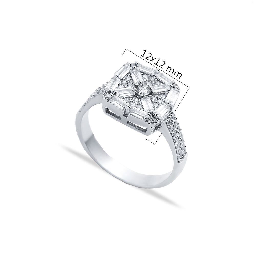 Square Design Baguette CZ Silver Cluster Engagement Ring