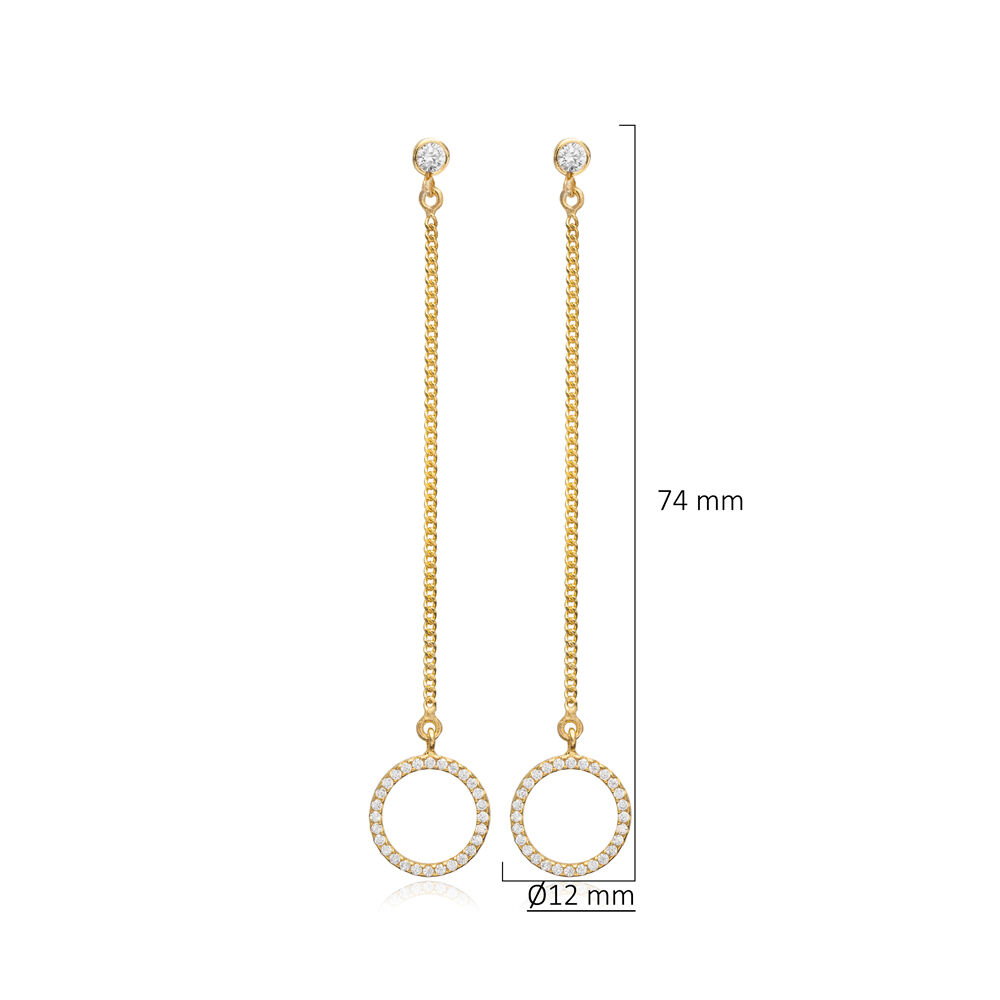 Round Hollow Shape Chain Design Silver Long Stud Earrings