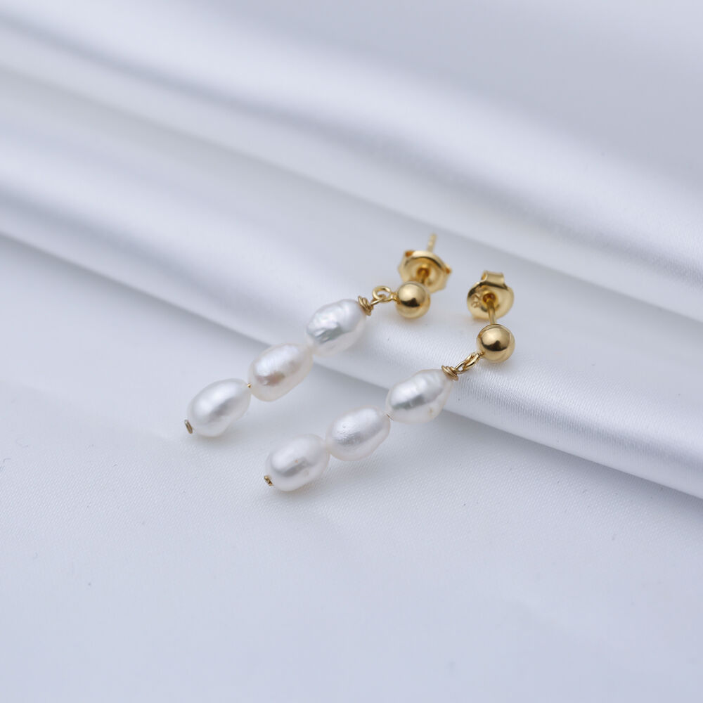 Natural Pearl Design Stud Long Earrings 925 Silver Jewelry