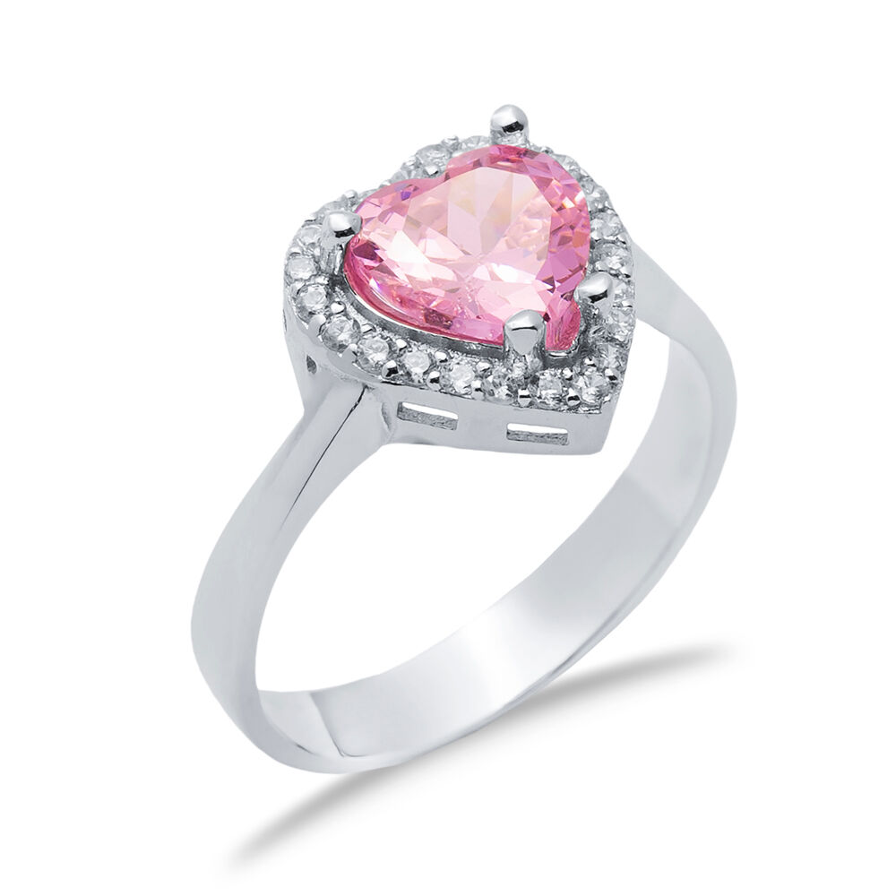Pink CZ Stone Heart Design Sterling Silver Cluster Ring